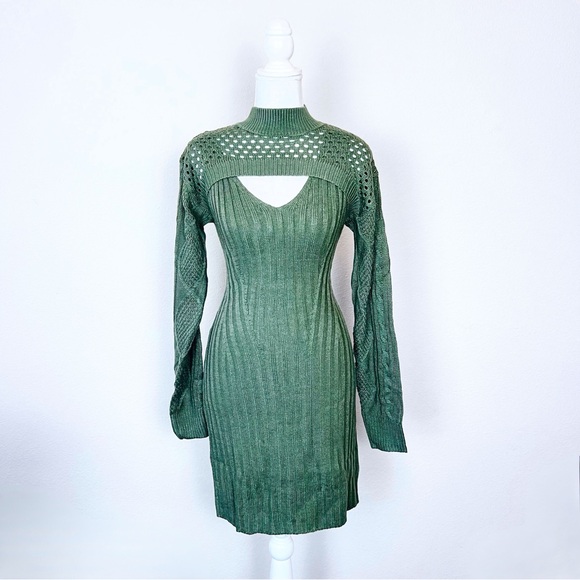 NWT Olive Green Knit Cable Sweater Long Sleeve Cut Out Bolero Mini Dress - Picture 10 of 12